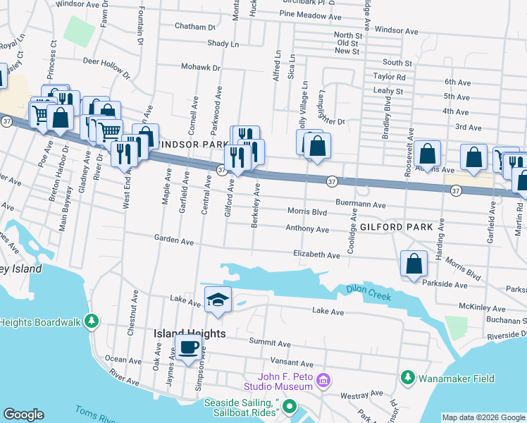 map of restaurants, bars, coffee shops, grocery stores, and more near 230 Morris Boulevard in Toms River