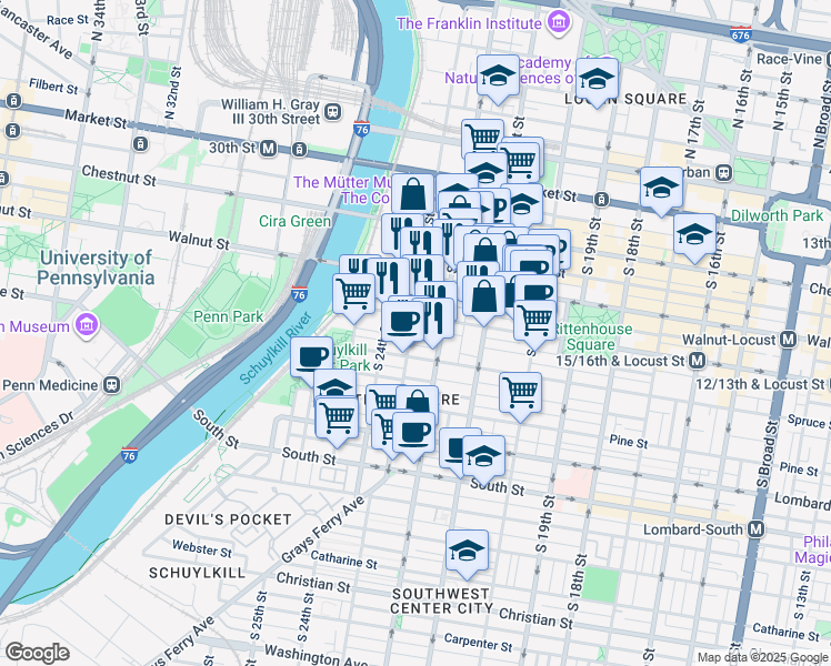 map of restaurants, bars, coffee shops, grocery stores, and more near 241 South 23rd Street in Philadelphia