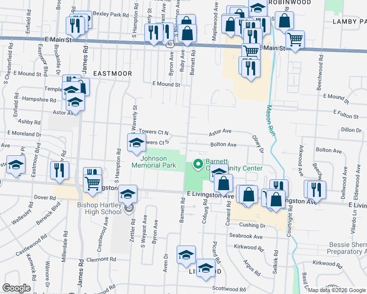 map of restaurants, bars, coffee shops, grocery stores, and more near 1101 Barnett Road in Columbus