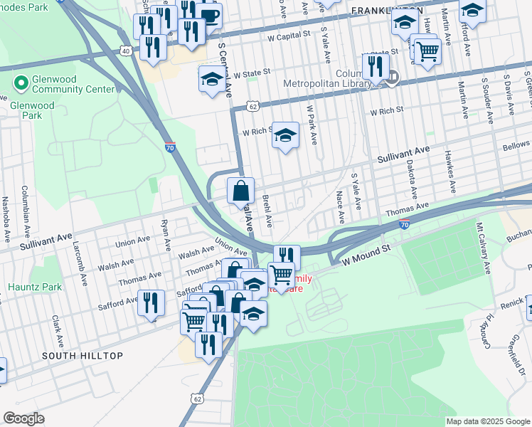 map of restaurants, bars, coffee shops, grocery stores, and more near 411 Brehl Avenue in Columbus