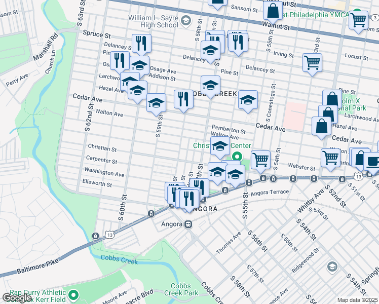 map of restaurants, bars, coffee shops, grocery stores, and more near 733 South Cecil Street in Philadelphia