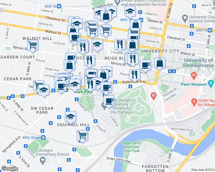 map of restaurants, bars, coffee shops, grocery stores, and more near 507 South 42nd Street in Philadelphia