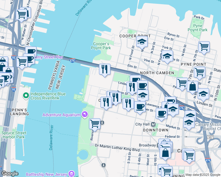 map of restaurants, bars, coffee shops, grocery stores, and more near 1 Penn Street in Camden