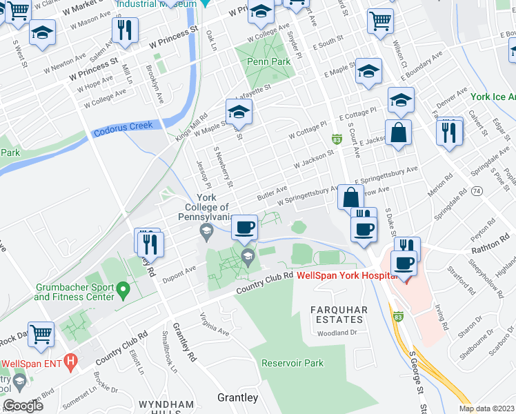 map of restaurants, bars, coffee shops, grocery stores, and more near 259 West Springettsbury Avenue in York