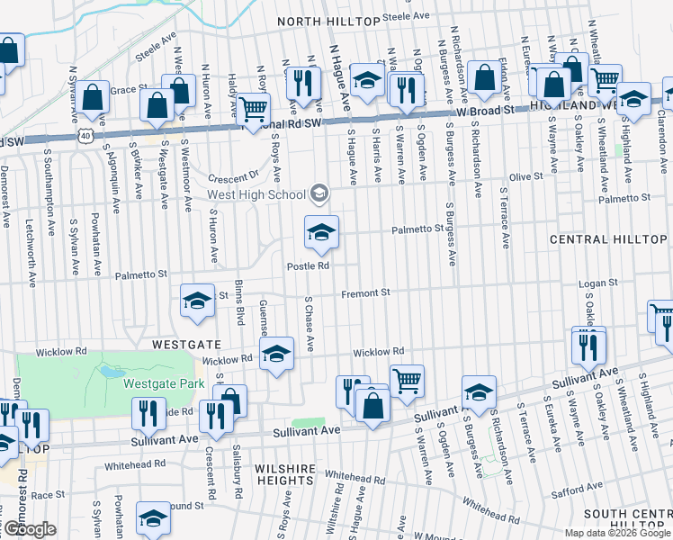 map of restaurants, bars, coffee shops, grocery stores, and more near 256 South Powell Avenue in Columbus