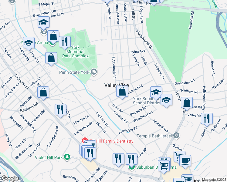 map of restaurants, bars, coffee shops, grocery stores, and more near 724 Rathton Road in York