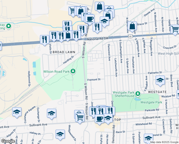 map of restaurants, bars, coffee shops, grocery stores, and more near 3522 Sanita Court in Columbus