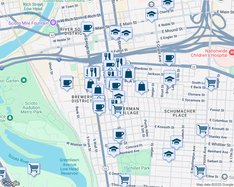 map of restaurants, bars, coffee shops, grocery stores, and more near 630 South 3rd Street in Columbus