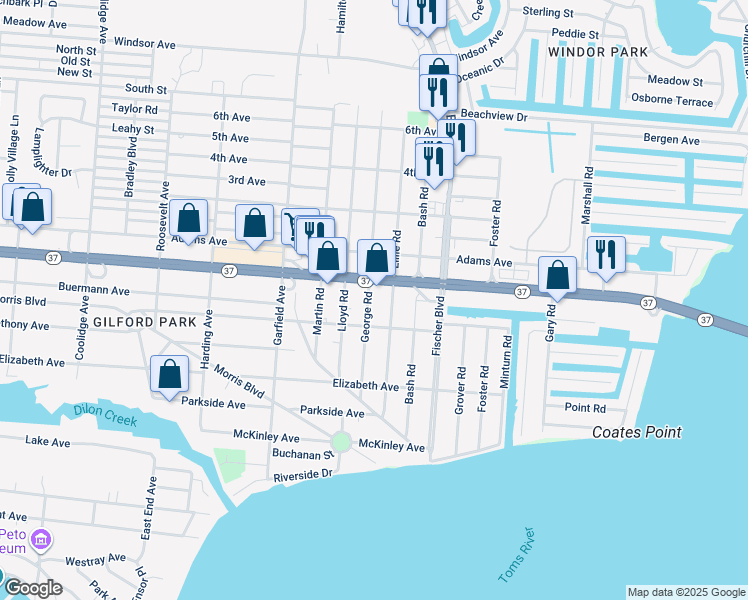 map of restaurants, bars, coffee shops, grocery stores, and more near 3 George Road in Toms River
