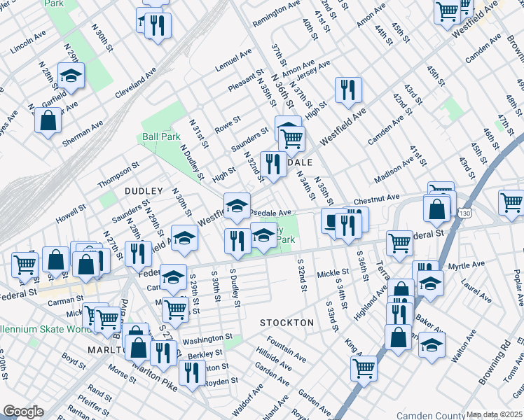 map of restaurants, bars, coffee shops, grocery stores, and more near 3170 Merriel Avenue in Camden