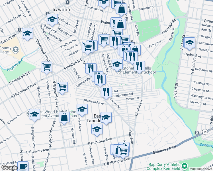 map of restaurants, bars, coffee shops, grocery stores, and more near 621 Littlecroft Road in Delaware County