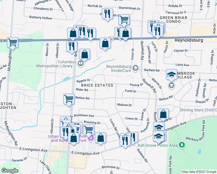 map of restaurants, bars, coffee shops, grocery stores, and more near 1544 Lexdale Court in Reynoldsburg