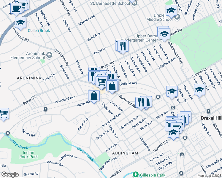 map of restaurants, bars, coffee shops, grocery stores, and more near 693 Burmont Road in Upper Darby