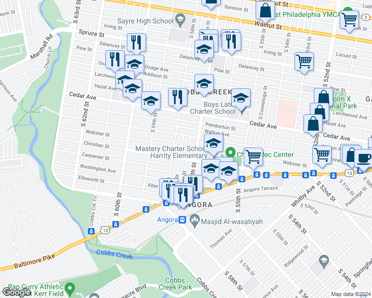 map of restaurants, bars, coffee shops, grocery stores, and more near 732 South Alden Street in Philadelphia