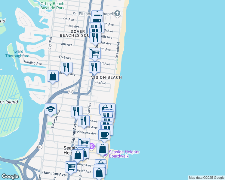 map of restaurants, bars, coffee shops, grocery stores, and more near 4 Colony Road in Seaside Heights