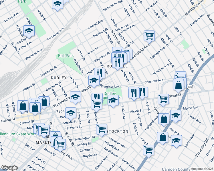 map of restaurants, bars, coffee shops, grocery stores, and more near 3170 Merriel Avenue in Camden