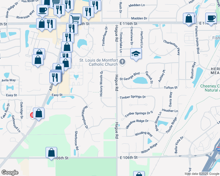map of restaurants, bars, coffee shops, grocery stores, and more near 7535 Broad Leaf Lane in Fishers