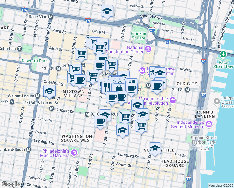 map of restaurants, bars, coffee shops, grocery stores, and more near 729 Sansom Street in Philadelphia