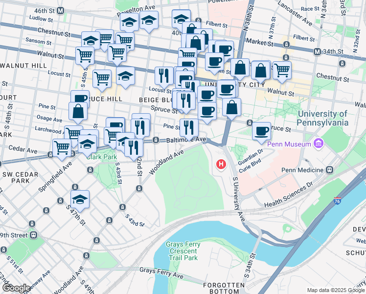 map of restaurants, bars, coffee shops, grocery stores, and more near 3923 Woodland Avenue in Philadelphia