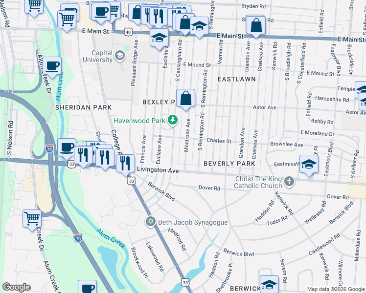 map of restaurants, bars, coffee shops, grocery stores, and more near 967 Montrose Ave in Bexley