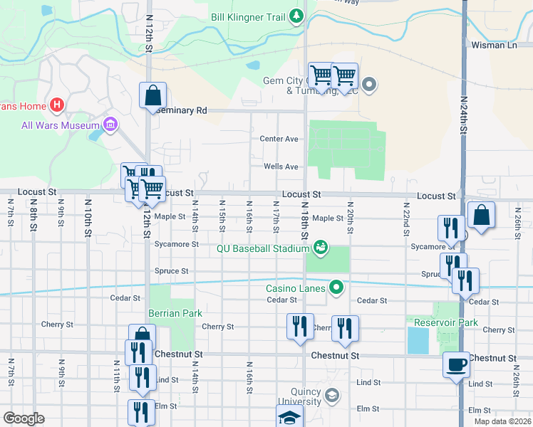 map of restaurants, bars, coffee shops, grocery stores, and more near 1503 North 17th Street in Quincy