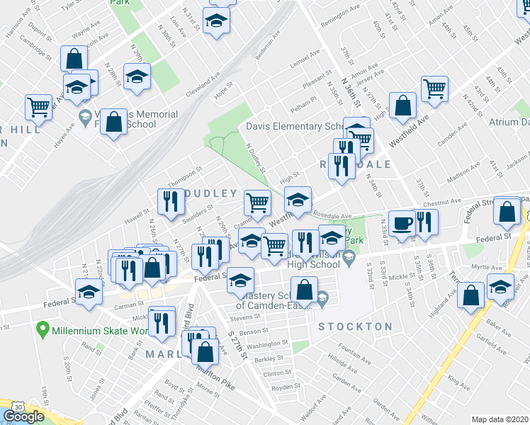 map of restaurants, bars, coffee shops, grocery stores, and more near 3010 Cramer Street in Camden