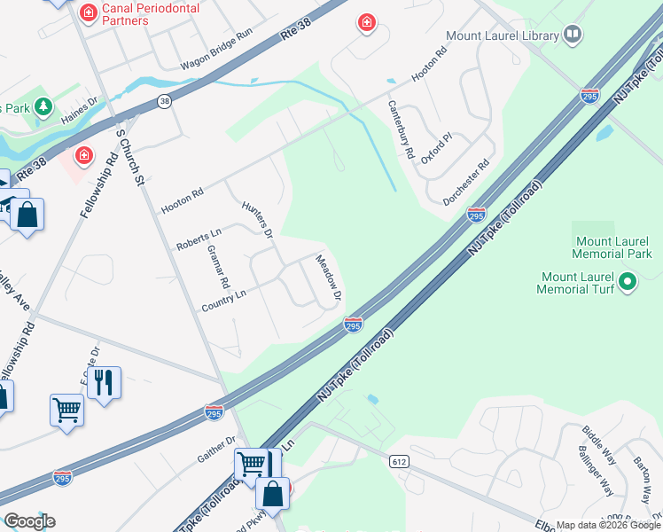 map of restaurants, bars, coffee shops, grocery stores, and more near 233 Meadow Drive in Mount Laurel Township