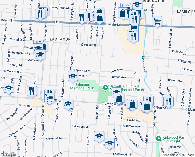 map of restaurants, bars, coffee shops, grocery stores, and more near 1101 Barnett Road in Columbus