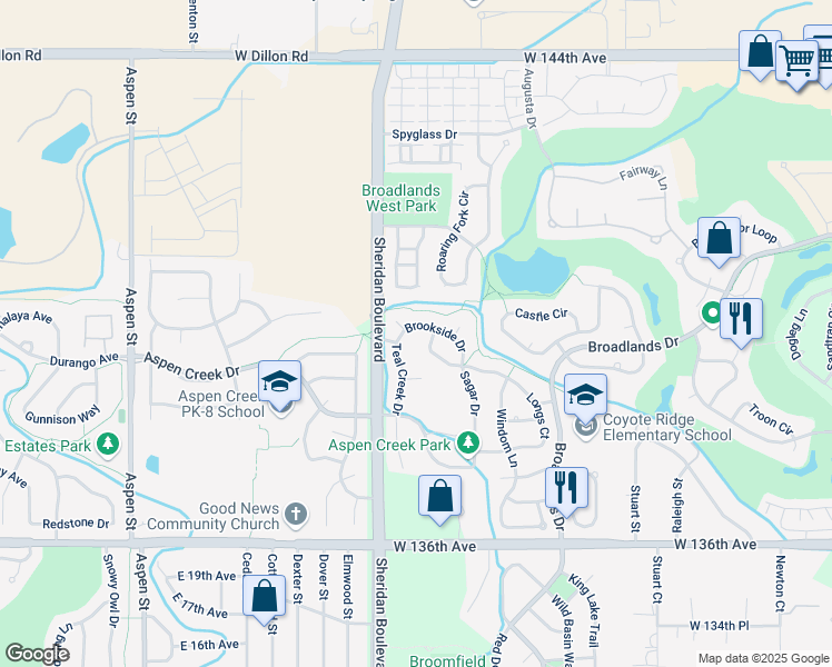 map of restaurants, bars, coffee shops, grocery stores, and more near 5086 Sage Brush Drive in Broomfield