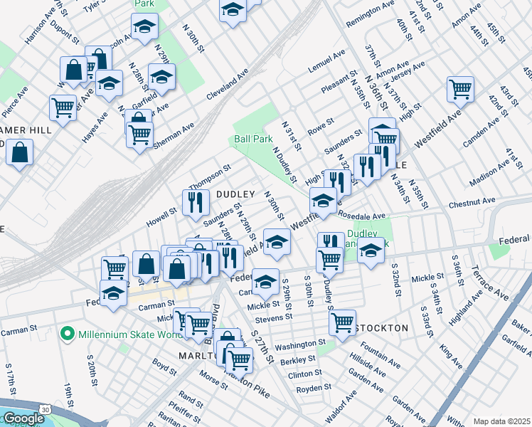 map of restaurants, bars, coffee shops, grocery stores, and more near 2936 High Street in Camden
