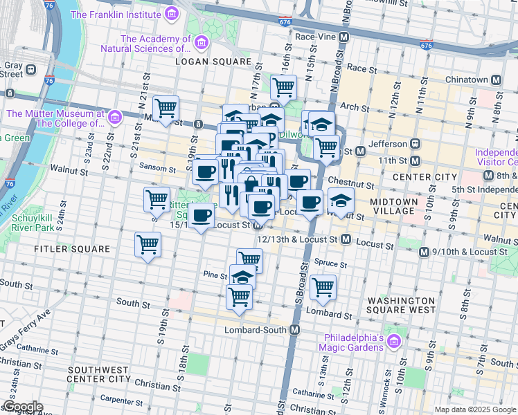 map of restaurants, bars, coffee shops, grocery stores, and more near 1606 Walnut Street in Philadelphia