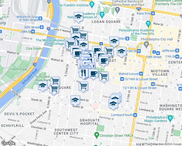 map of restaurants, bars, coffee shops, grocery stores, and more near in Philadelphia