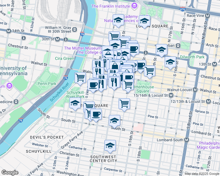 map of restaurants, bars, coffee shops, grocery stores, and more near 247 South Van Pelt Street in Philadelphia
