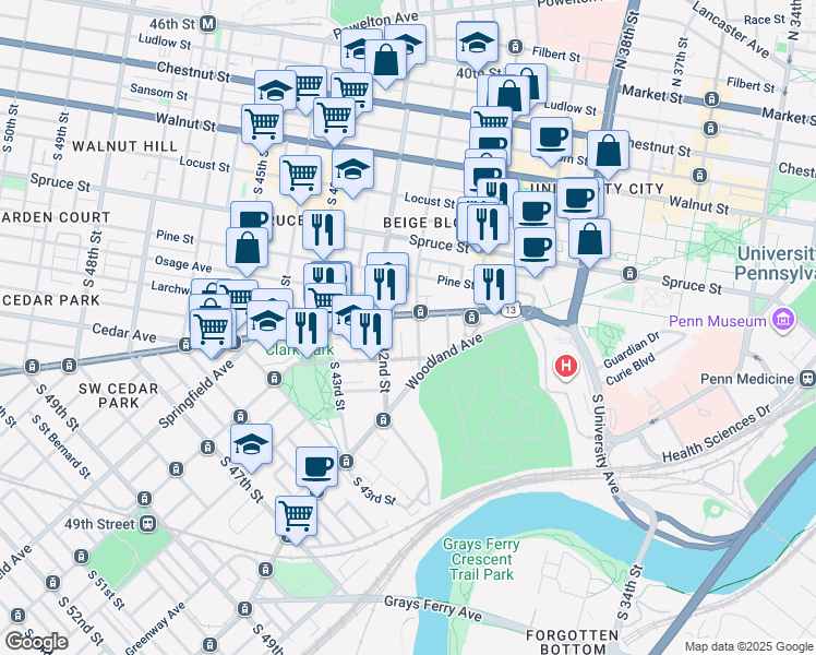map of restaurants, bars, coffee shops, grocery stores, and more near 502 South 41st Street in Philadelphia