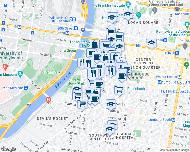 map of restaurants, bars, coffee shops, grocery stores, and more near 241 South 23rd Street in Philadelphia