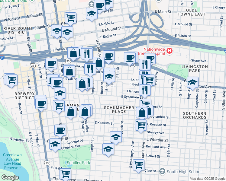map of restaurants, bars, coffee shops, grocery stores, and more near 670 Lathrop Street in Columbus