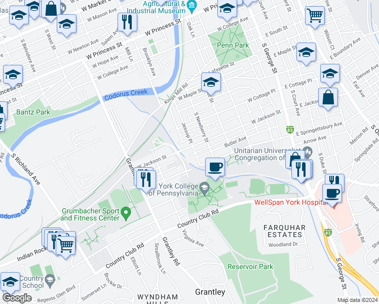map of restaurants, bars, coffee shops, grocery stores, and more near 362 West Jackson Street in York