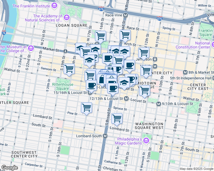 map of restaurants, bars, coffee shops, grocery stores, and more near Walnut Street in Philadelphia