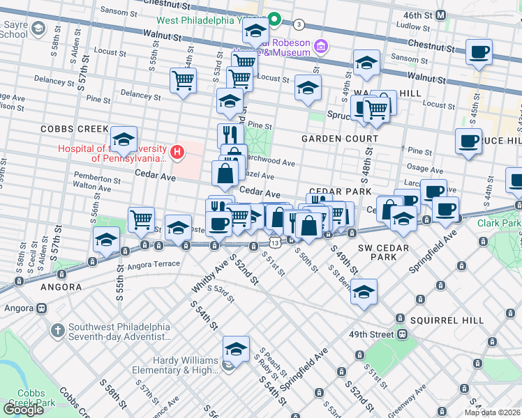 map of restaurants, bars, coffee shops, grocery stores, and more near South 51st Street & Walton Avenue in Philadelphia