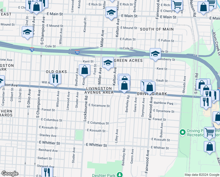 map of restaurants, bars, coffee shops, grocery stores, and more near 1422 East Livingston Avenue in Columbus