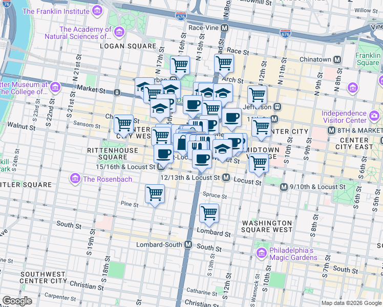 map of restaurants, bars, coffee shops, grocery stores, and more near Walnut Street in Philadelphia