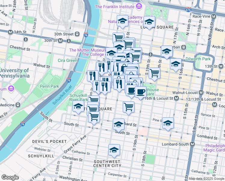 map of restaurants, bars, coffee shops, grocery stores, and more near 2122 Locust Street in Philadelphia