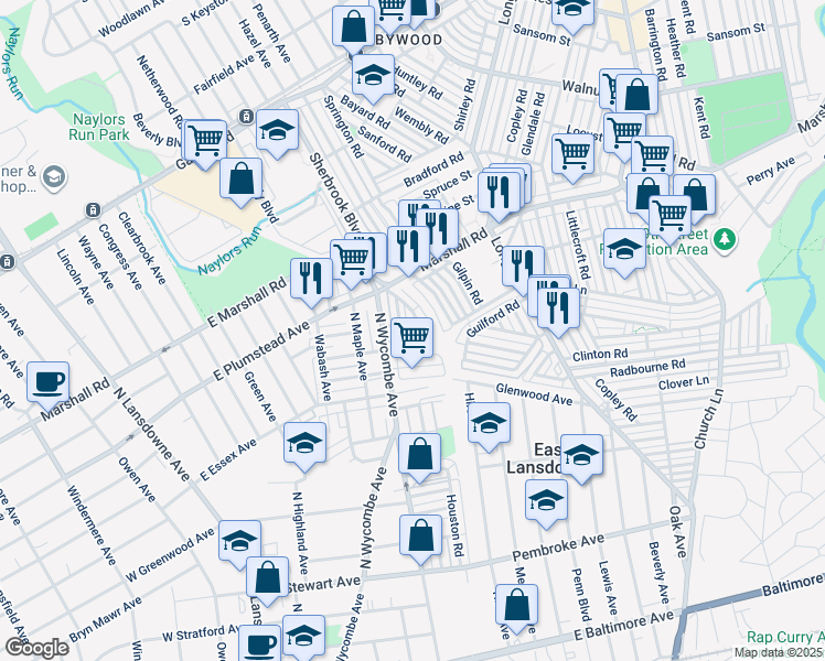 map of restaurants, bars, coffee shops, grocery stores, and more near 234 Guilford Road in Lansdowne