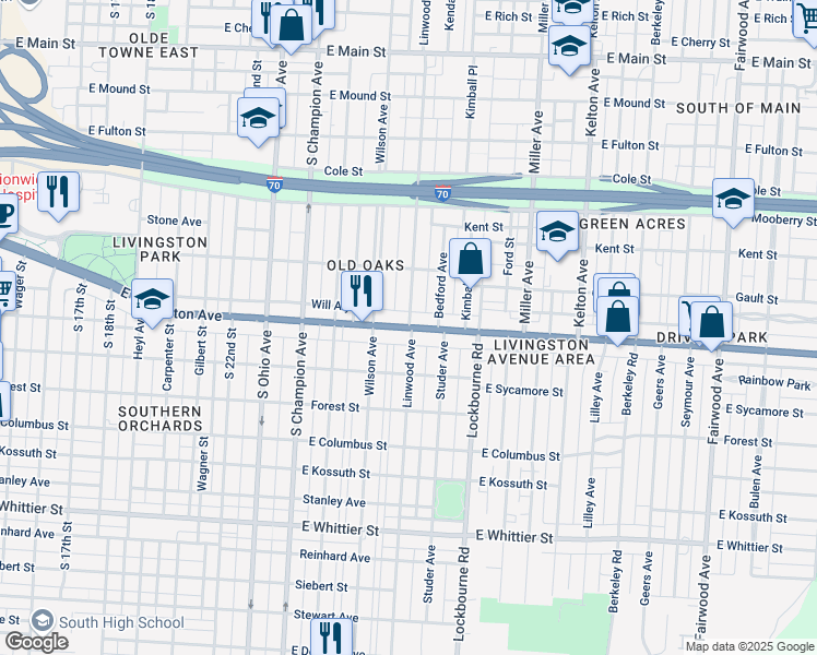 map of restaurants, bars, coffee shops, grocery stores, and more near E Livingston Ave & Linwood Ave in Columbus