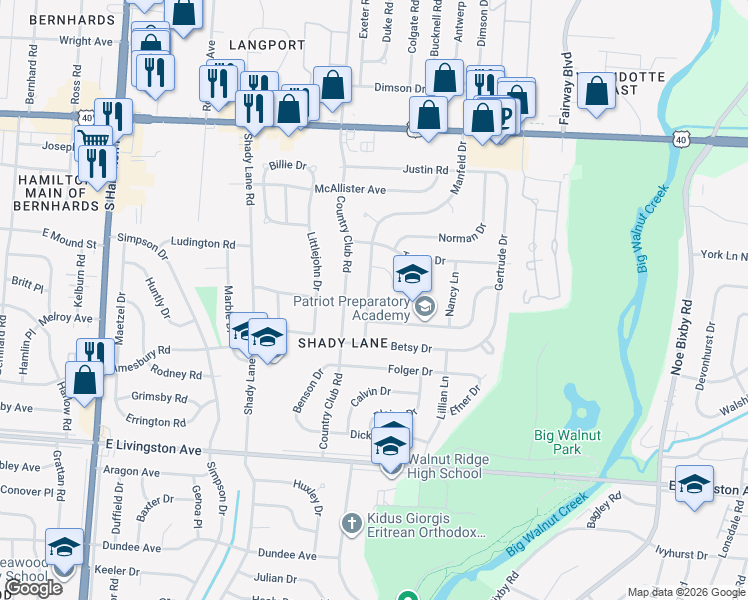 map of restaurants, bars, coffee shops, grocery stores, and more near 1302 Manfeld Drive in Columbus