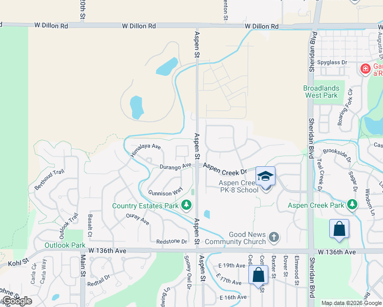 map of restaurants, bars, coffee shops, grocery stores, and more near 518 Rifle Way in Broomfield