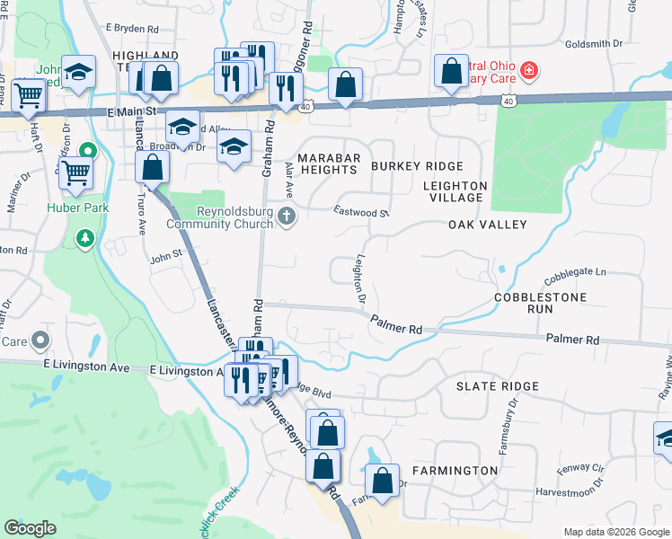 map of restaurants, bars, coffee shops, grocery stores, and more near 7684 Godfrey Circle in Reynoldsburg