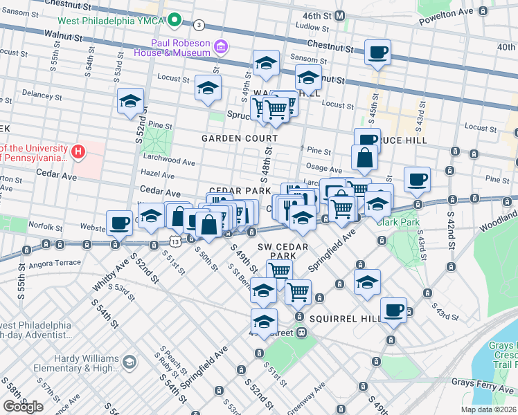 map of restaurants, bars, coffee shops, grocery stores, and more near Cedar Ave & S 48th St in Philadelphia