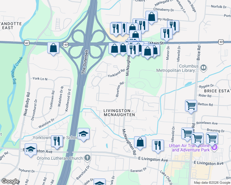 map of restaurants, bars, coffee shops, grocery stores, and more near 5846 Riverton Road in Columbus