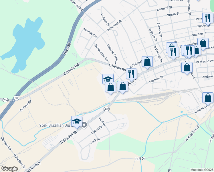 map of restaurants, bars, coffee shops, grocery stores, and more near 2625 West Philadelphia Street in York